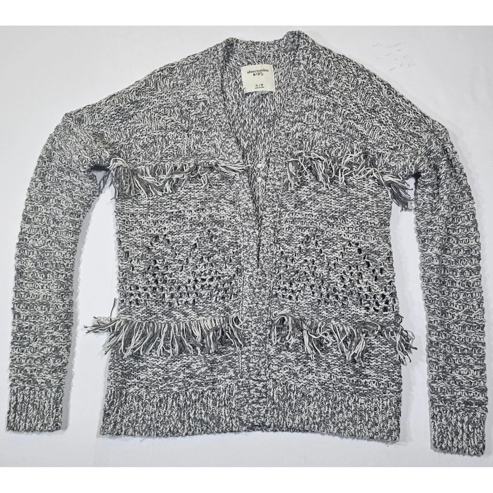 Abercrombie Kids Girls Grey Marled Fringe Pointelle Open Front Cardigan Sz 11/12